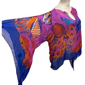 Nordstroms Women OS 100% Silk Blouse Cover Up Swimwear Seashells Jellyfish Blue